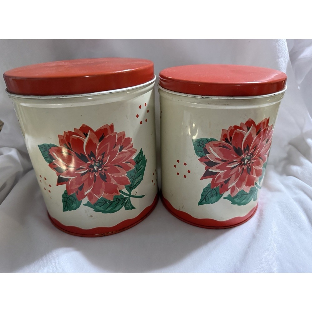 Vintage Bright Red And Cream 2 Piece Canister Set with beautiful chrysanthemum